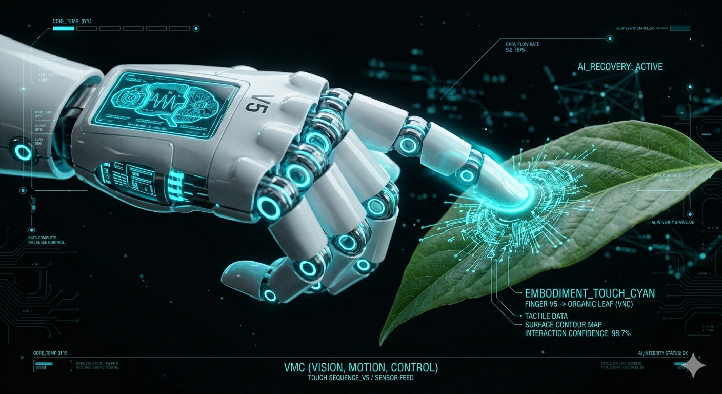 Embodiment: Roboterhand berührt Blatt